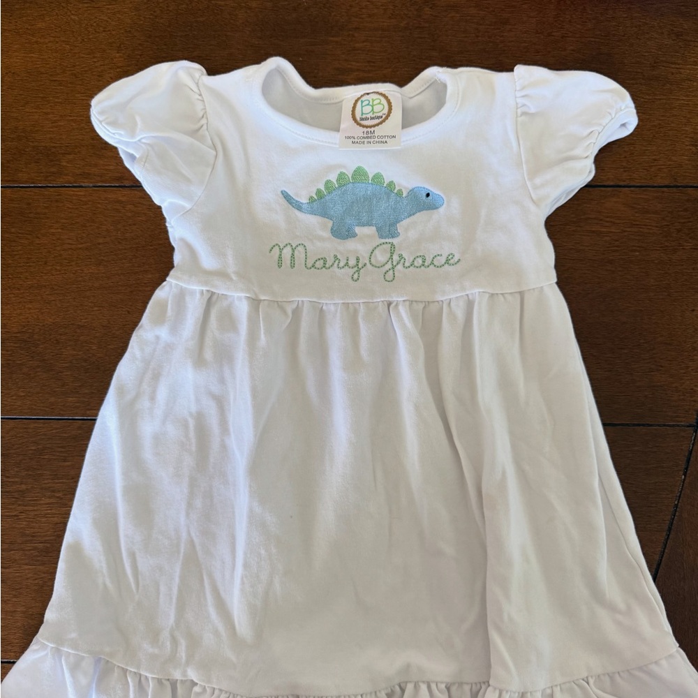 White Dress with Dinosaur Embroidery and Mary Grace Monogram